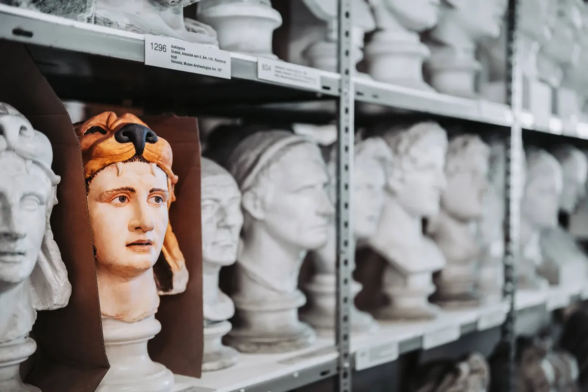 A warm painted face among rows of white plaster heads on museum shelves.