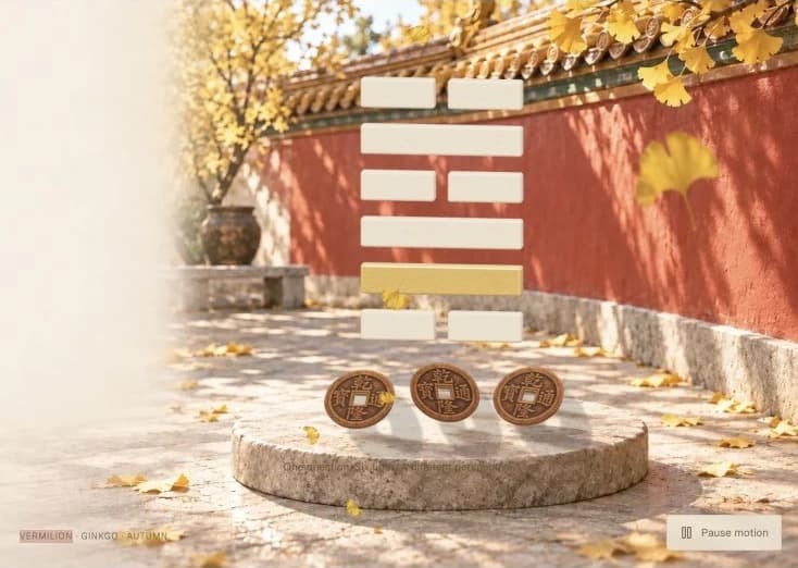 The current I Ching Studio website, with six hexagram lines and three coins in an autumn courtyard