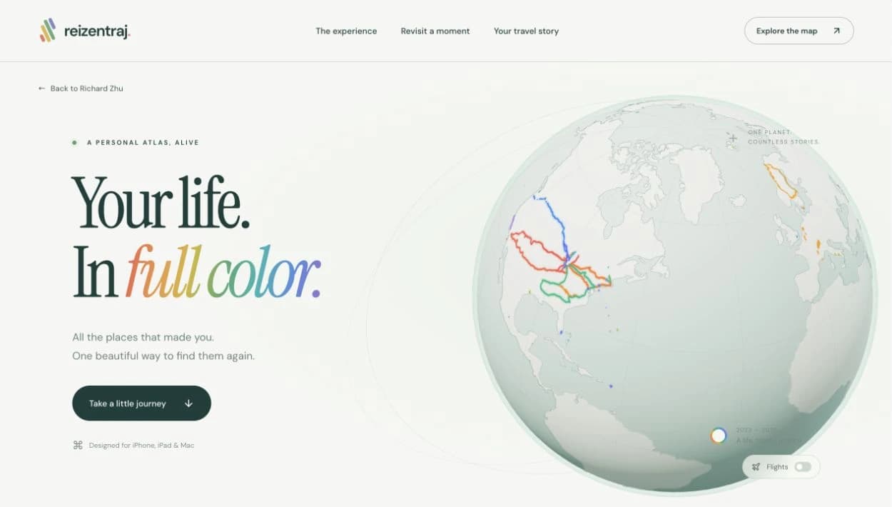 The current Reizentraj website, with its rainbow headline and interactive globe
